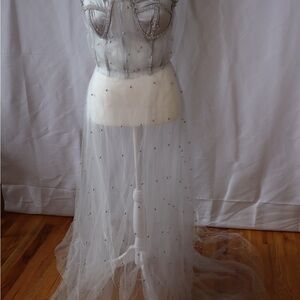 Elegant Sheer Grey with Pearl Accent Gown/Dress